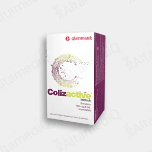 Caja de medicamento oncológico citotóxico de alta especialidad Colizactive Irinotecan 100 mg / 5 mL solución inyectable con un frasco ámpula Glenmark. Farmacia de Alta Especialidad AltamediQ.