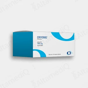 Caja de medicamento oncológico citotóxico de alta especialidad Cryosid Etopósido 100 mg solución inyectable con 10 frascos ámpula Cryopharma. Farmacia de Alta Especialidad AltamediQ.