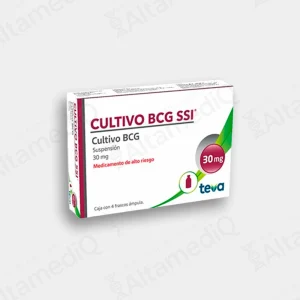 Caja de medicamento de alta especialidad Cultivo BCG SSI 30 mg suspensión con 4 frascos ámpula Teva. Farmacia de Alta Especialidad AltamediQ.