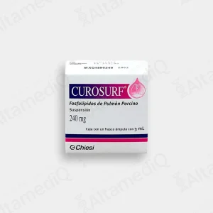 Caja de medicamento de alta especialidad Curosurf Fosfolípidos de pulmón porcino 240 mg suspensión endotraqueal con un frasco ámpula Chiesi. Farmacia de Alta Especialidad AltamediQ.