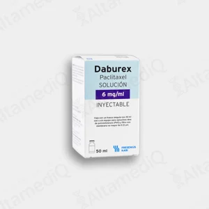 Caja de medicamento oncológico citotóxico de alta especialidad Daburex Paclitaxel 300 mg / 50 mL solución inyectable con un frasco ámpula Fresenius Kabi. Farmacia de Alta Especialidad AltamediQ.