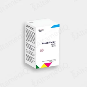 Caja y frasco de medicamento de alta especialidad Dapagliflozina Camber 10 mg con 28 tabletas. Farmacia de Alta Especialidad AltamediQ.
