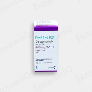 Caja de medicamento oncológico de alta especialidad Darzalex Daratumumab 400 mg / 20 mL solución inyectable con un frasco ámpula Janssen. Farmacia de Alta Especialidad AltamediQ.