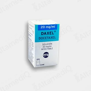 Caja de medicamento oncológico citotóxico de alta especialidad Daxel Docetaxel 80 mg / 4 mL solución inyectable con un frasco ámpula Fresenius Kabi. Farmacia de Alta Especialidad AltamediQ.