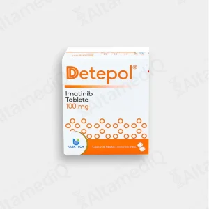 Caja de medicamento oncológico de alta especialidad Detepol Imatinib 100 mg con 60 tabletas Ulsatech. Farmacia de Alta Especialidad AltamediQ.