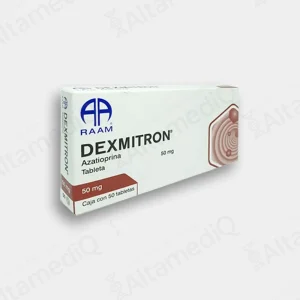 Caja de medicamento inmunosupresor de alta especialidad Dexmitron Azatioprina 50 mg con 50 tabletas Raam. Farmacia de Alta Especialidad AltamediQ.