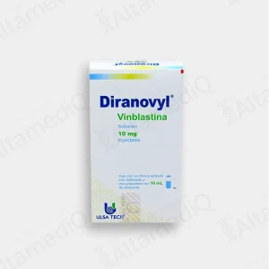 Caja de medicamento oncológico Diranovyl Vinblastina 10 mg solución inyectable Ulsatech. Farmacia de Alta Especialidad AltamediQ.