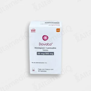 Caja de medicamento de alta especialidad Dovato Dolutegravir Lamivudina 50 mg / 300 mg con 30 tabletas GSK. Farmacia de Alta Especialidad AltamediQ.