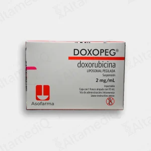 Caja de medicamento oncológico de alta especialidad Doxopeg Doxorrubicina Liposomal Pegilada 20 mg / 10 mL solución inyectable con un frasco ámpula Asofarma. Farmacia de Alta Especialidad AltamediQ.
