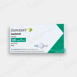 Caja de medicamento biológico de alta especialidad Dupixent Dupilumab 300 mg / 2 mL solución inyectable con 2 jeringas prellenadas Sanofi. Farmacia de Alta Especialidad AltamediQ.