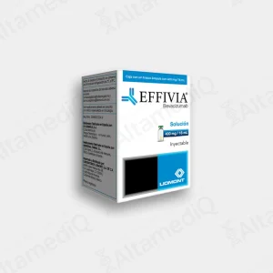 Caja de medicamento oncológico de alta especialidad Effivia Bevacizumab 400 mg / 16 mL solución inyectable con un frasco ámpula Liomont. Farmacia de Alta Especialidad AltamediQ.