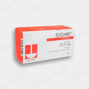 Caja de medicamento oncológico de alta especialidad Eligard Leuprorelina 22.5 mg para tres meses con dos jeringas prellenadas Asofarma. Farmacia de Alta Especialidad AltamediQ.