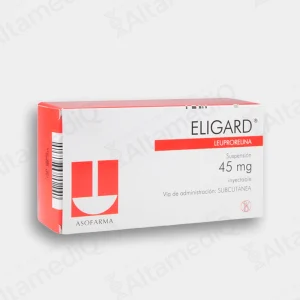 Caja de medicamento oncológico de alta especialidad Eligard Leuprorelina 45 mg para seis meses con dos jeringas prellenadas Asofarma. Farmacia de Alta Especialidad AltamediQ.