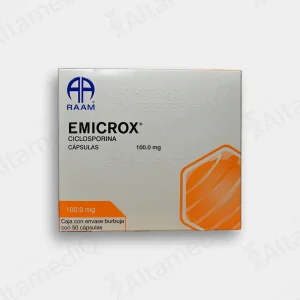Caja de medicamento inmunosupresor de alta especialidad Emicrox Ciclosporina 100 mg con 50 cápsulas Raam. Farmacia de Alta Especialidad AltamediQ.