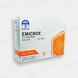 Caja de medicamento inmunosupresor de alta especialidad Emicrox Ciclosporina 10 g / 100 mL emulsión Raam. Farmacia de Alta Especialidad AltamediQ.