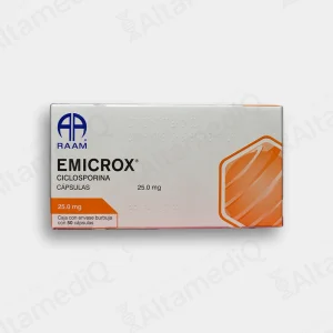 Caja de medicamento inmunosupresor de alta especialidad Emicrox Ciclosporina 25 mg con 50 cápsulas Raam. Farmacia de Alta Especialidad AltamediQ.