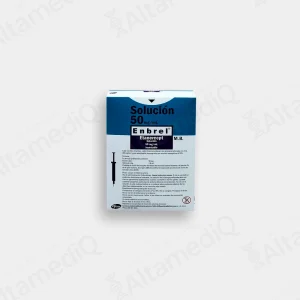Caja de medicamento biológico de alta especialidad Enbrel Etanercept 50 mg solución inyectable con 2 jeringas precargadas Pfizer. Farmacia de Alta Especialidad AltamediQ.