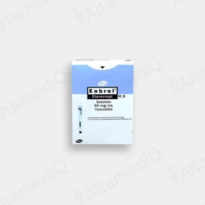 Caja de medicamento biológico de alta especialidad Enbrel MyClick Etanercept 50 mg solución inyectable con 2 plumas prellenadas Pfizer. Farmacia de Alta Especialidad AltamediQ.
