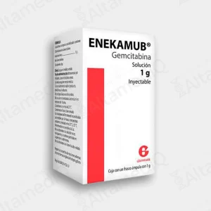 Caja de medicamento oncológico citotóxico de alta especialidad Enekamub Gemcitabina 1 g solución inyectable con un frasco ámpula Glenmark. Farmacia de Alta Especialidad AltamediQ.