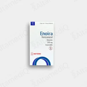 Caja de medicamento antifúngico de alta especialidad Enoira Voriconazol 200 mg solución inyectable con un frasco ámpula Hetero. Farmacia de Alta Especialidad AltamediQ.