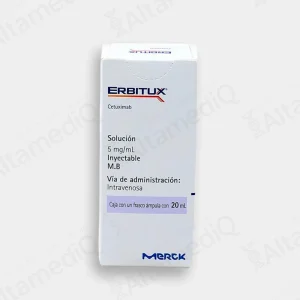Caja de medicamento oncológico biotecnológico de alta especialidad Erbitux Cetuximab 5 mg / mL solución inyectable con un frasco ámpula Merck Biopharma. Farmacia de Alta Especialidad AltamediQ.