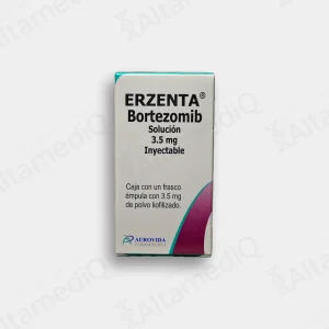 Caja de medicamento oncológico de alta especialidad Erzenta Bortezomib 3.5 mg solución inyectable con un frasco ámpula Aurovida. Farmacia de Alta Especialidad AltamediQ.