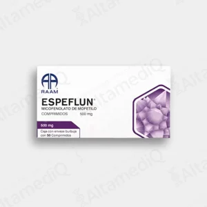 Caja de medicamento inmunosupresor de alta especialidad Espeflun Micofenolato de Mofetilo 500 mg con 50 comprimidos Raam. Farmacia de Alta Especialidad AltamediQ.