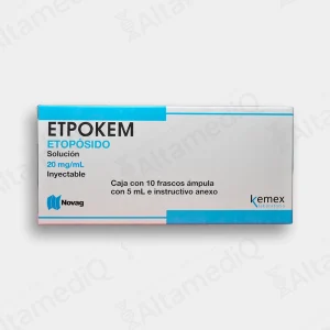 Caja de medicamento oncológico de alta especialidad Etpokem Etopósido 20 mg solución inyectable con 10 frascos ámpula Novag. Farmacia de Alta Especialidad AltamediQ.