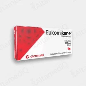 Caja de medicamento antifúngico de alta especialidad Eukomikane Voriconazol 200 mg con 14 tabletas Glenmark. Farmacia de Alta Especialidad AltamediQ.
