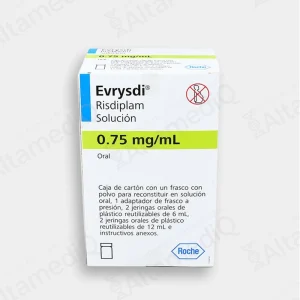 Caja de medicamento de alta especialidad Evrysdi Risdiplam 0.75 mg/mL solución oral con adaptador y jeringas Roche. Farmacia de Alta Especialidad AltamediQ.