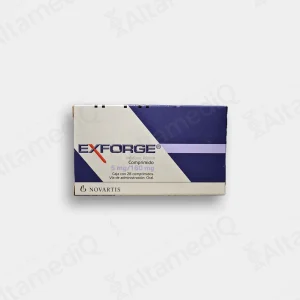 Caja de medicamento cardiovascular Exforge Amlodipino Valsartán 5 mg y 160 mg con 28 comprimidos Novartis. Farmacia AltamediQ.