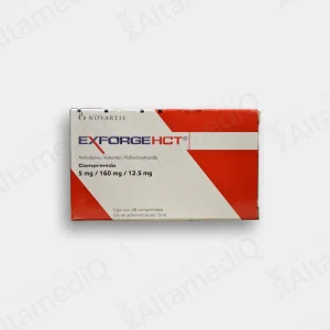 Caja de medicamento cardiovascular de triple acción Exforge HCT Amlodipino Valsartán Hidroclorotiazida 5 mg 160 mg 12.5 mg con 28 comprimidos Novartis. Farmacia AltamediQ.