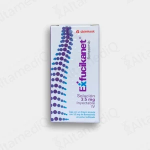 Caja de medicamento oncológico de alta especialidad Exfucikanet Bortezomib 3.5 mg solución inyectable con un frasco ámpula Glenmark. Farmacia de Alta Especialidad AltamediQ.