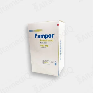 Caja de medicamento oncológico de alta especialidad Fampor Pemetrexed 500 mg solución inyectable Ulsatech. Farmacia de Alta Especialidad AltamediQ.