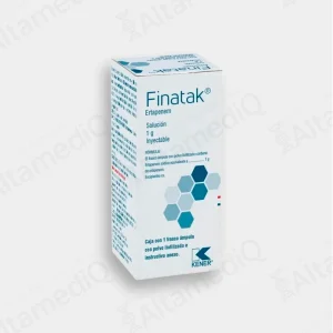 Caja de medicamento de alta especialidad Finatak Ertapenem 1 g solución inyectable Kener. Farmacia de Alta Especialidad AltamediQ.