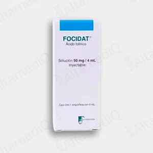 Caja de medicamento oncológico de alta especialidad Focidat Ácido Folínico 50 mg / 4 mL solución inyectable con una ampolleta Farmadextrum. Farmacia de Alta Especialidad AltamediQ.