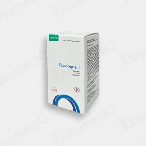 Caja de medicamento de alta especialidad Fosaprepitant 150 mg solución inyectable con un frasco ámpula Hetero. Farmacia de Alta Especialidad AltamediQ.