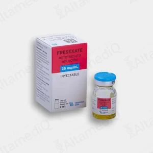 Caja de medicamento de alta especialidad Fresexate Metotrexato 25 mg solución inyectable Fresenius. Farmacia de Alta Especialidad AltamediQ.