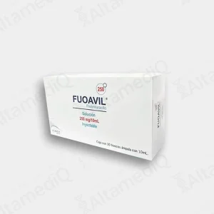 Caja de medicamento oncológico de alta especialidad Fuoavil Fluorouracilo 250 mg / 10 mL solución inyectable con 10 frascos ámpula Zurich. Farmacia de Alta Especialidad AltamediQ.