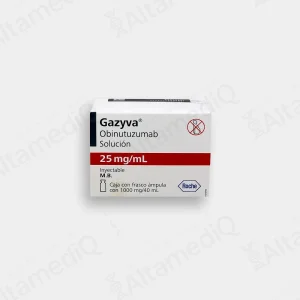 Caja de medicamento oncológico biológico de alta especialidad Gazyva Obinutuzumab 25 mg / mL solución inyectable Roche. Farmacia de Alta Especialidad AltamediQ.