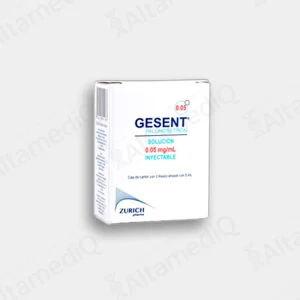 Caja de medicamento de alta especialidad Gesent Palonosetrón 0.05 mg / 5 mL solución inyectable Zurich. Farmacia de Alta Especialidad AltamediQ.