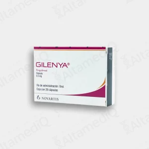 Caja de medicamento de alta especialidad Gilenya Fingolimod 0.5 mg con 28 cápsulas Novartis. Farmacia de Alta Especialidad AltamediQ.