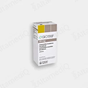 Caja y frasco de medicamento oncológico de alta especialidad Giotrif Afatinib 20 mg con 30 tabletas Boehringer Ingelheim. Farmacia de Alta Especialidad AltamediQ.