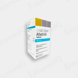 Caja y frasco de medicamento oncológico de alta especialidad Giotrif Afatinib 30 mg con 30 tabletas Boehringer Ingelheim. Farmacia de Alta Especialidad AltamediQ.