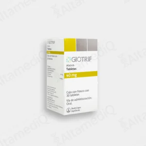 Caja y frasco de medicamento oncológico de alta especialidad Giotrif Afatinib 40 mg con 30 tabletas Boehringer Ingelheim. Farmacia de Alta Especialidad AltamediQ.