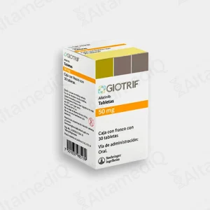 Caja y frasco de medicamento oncológico de alta especialidad Giotrif Afatinib 50 mg con 30 tabletas Boehringer Ingelheim. Farmacia de Alta Especialidad AltamediQ.