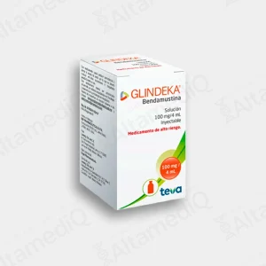 Caja de medicamento oncológico de alta especialidad Glindeka Bendamustina 100 mg / 4 mL solución inyectable Teva. Farmacia de Alta Especialidad AltamediQ.