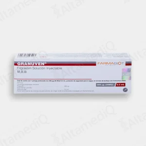 Caja de medicamento hematológico de alta especialidad Granuven Filgrastim 300 mcg solución inyectable con una jeringa prellenada Accord. Farmacia de Alta Especialidad AltamediQ.