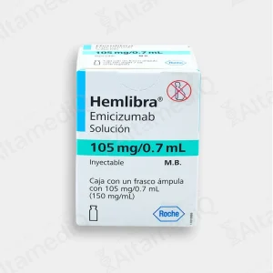 Caja de medicamento biológico de alta especialidad Hemlibra Emicizumab 105 mg / 0.7 mL solución inyectable Roche. Farmacia de Alta Especialidad AltamediQ.