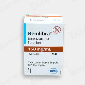 Caja de medicamento biológico de alta especialidad Hemlibra Emicizumab 150 mg / mL solución inyectable Roche. Farmacia de Alta Especialidad AltamediQ.